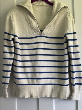 Classic Cream & Blue Striped Quarter-Zip Turtleneck Sweater